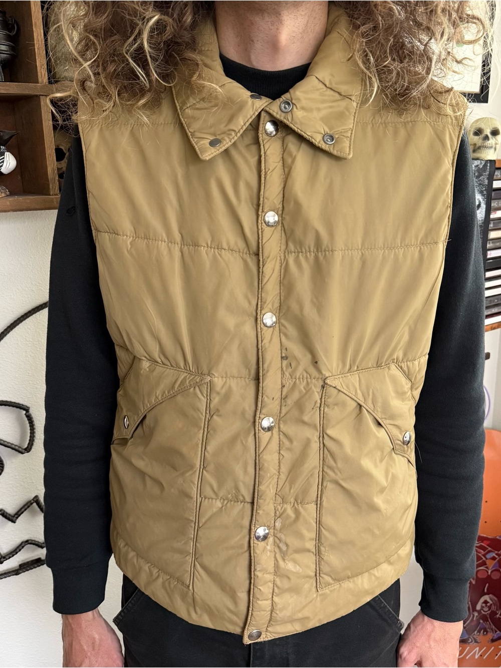 Vintage 70s 80s Sears Tan Snap Down Puffer Vest ~ Size Large